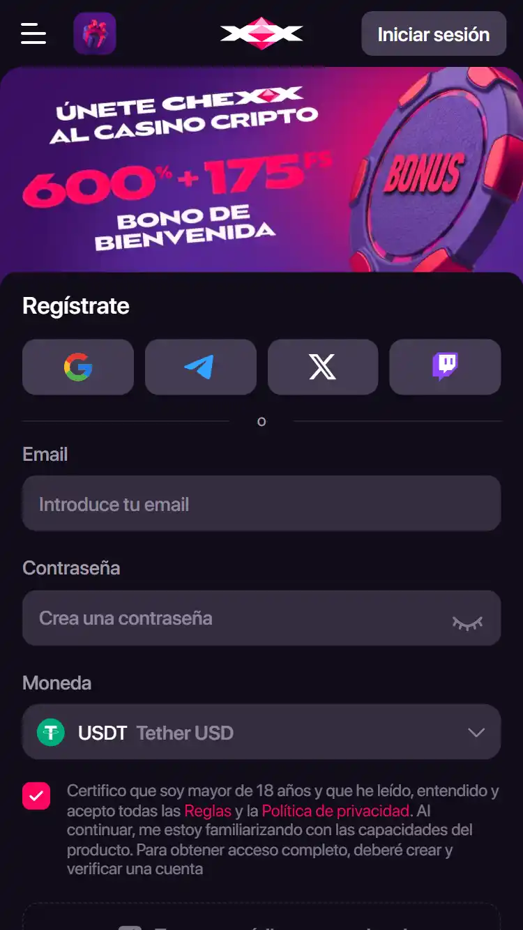 CHEXX registration interface showing account signup options