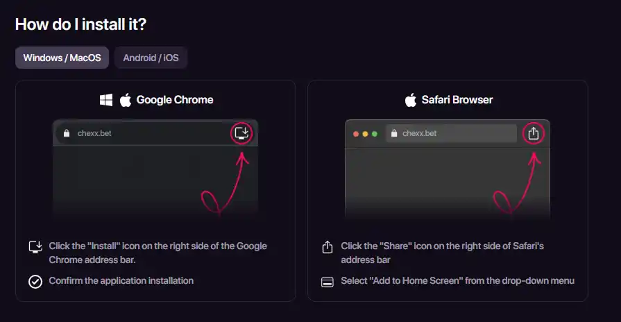 CHEXX PWA installation instructions on the official mobile access page