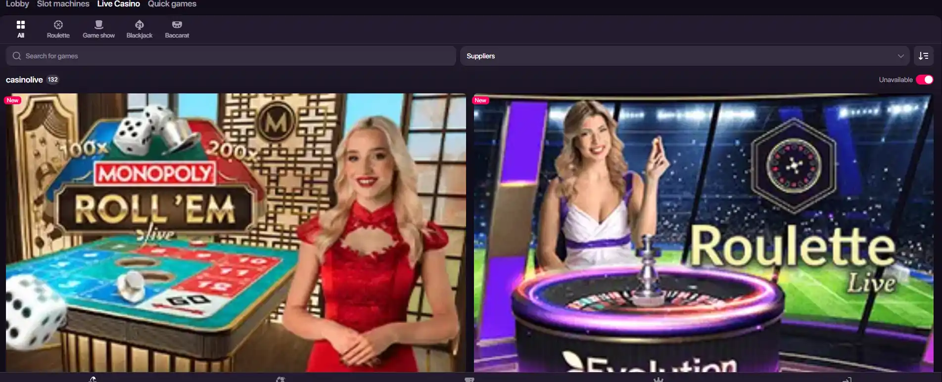 CHEXX live casino lobby showing live-table categories