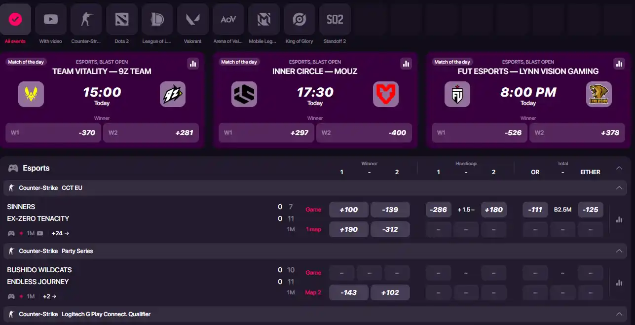CHEXX esports betting interface with competitive gaming navigation