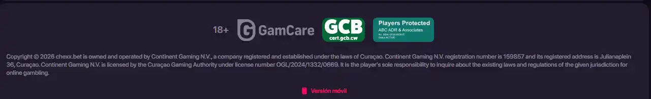 CHEXX official licence text naming Continent Gaming N.V. and the Curaçao Gaming Authority licence