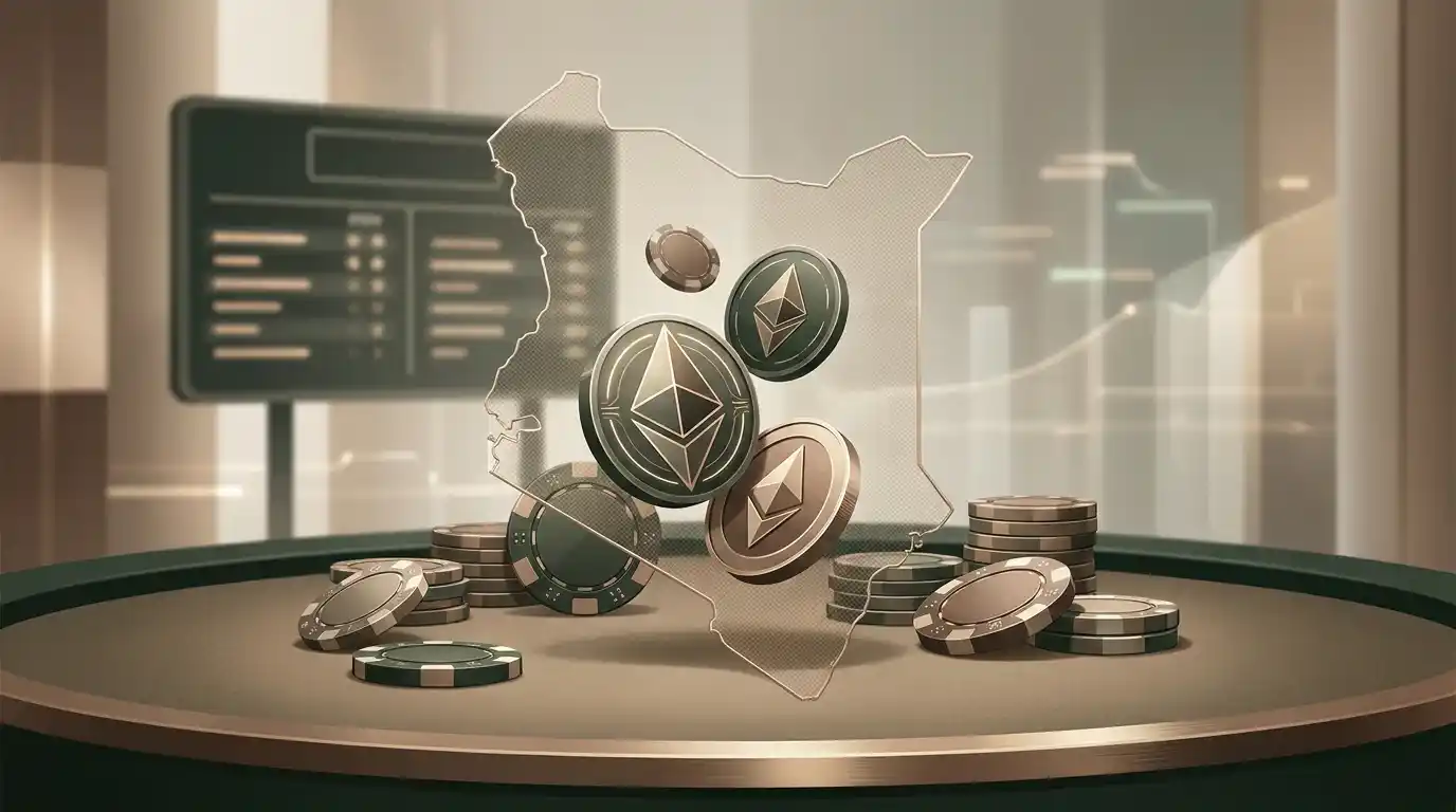 Illustration of Kenya, cryptocurrency, casino and sports betting themes