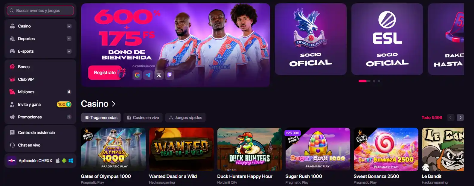CHEXX casino and sportsbook homepage interface