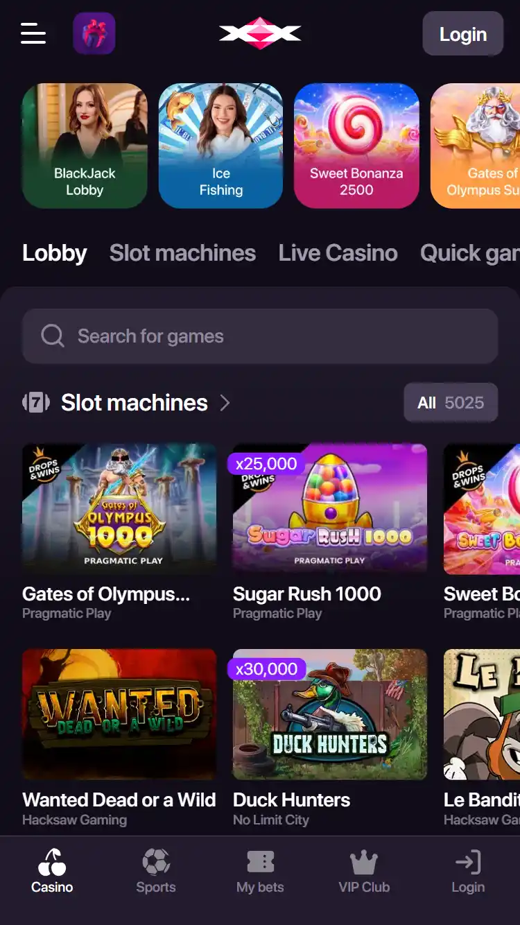 CHEXX casino navigation and major game categories